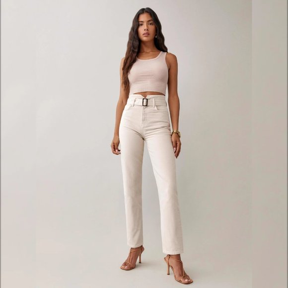 Reformation Cynthia Belted High Rise Straight Jeans in Bone Size 28 - Picture 1 of 6